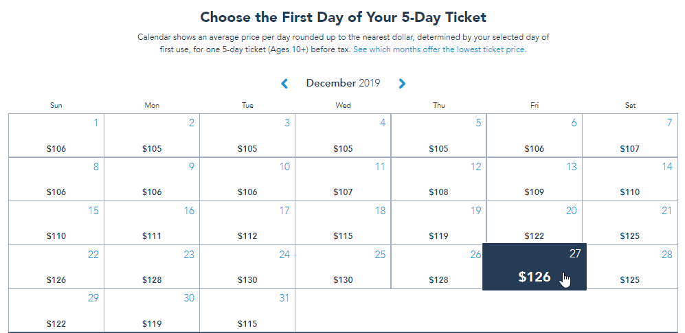 December 2019 calendar with ticket pricing