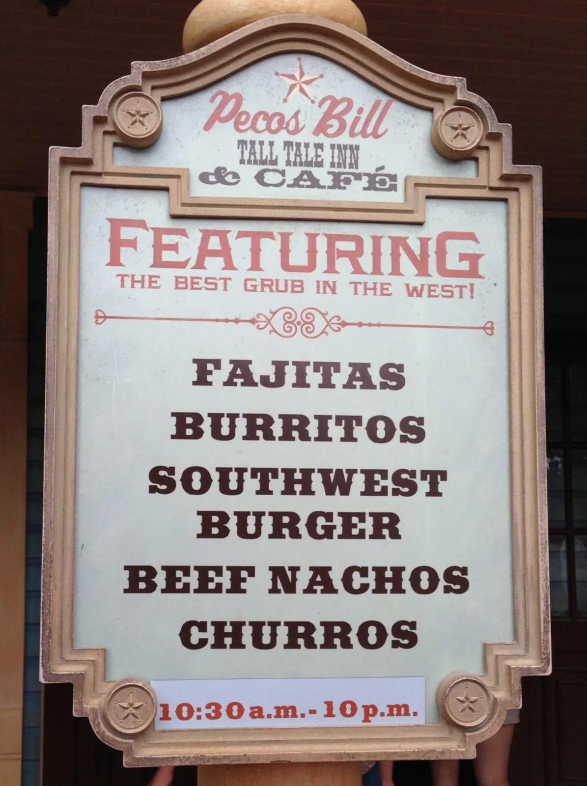 Pecos Bill tall tale inn and cafe menu sign