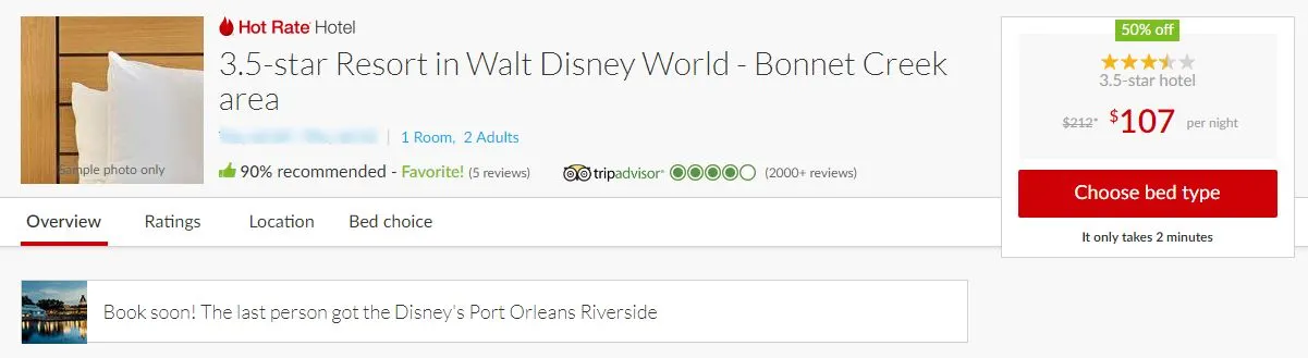 screenshot of hotwire deal for disney resort with pricing