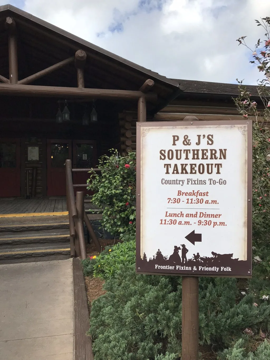 P & J's Southern Takeout Entrance Sign with eating times