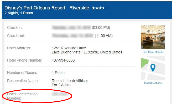 screenshot of hotel information with hotel confirmation number circled