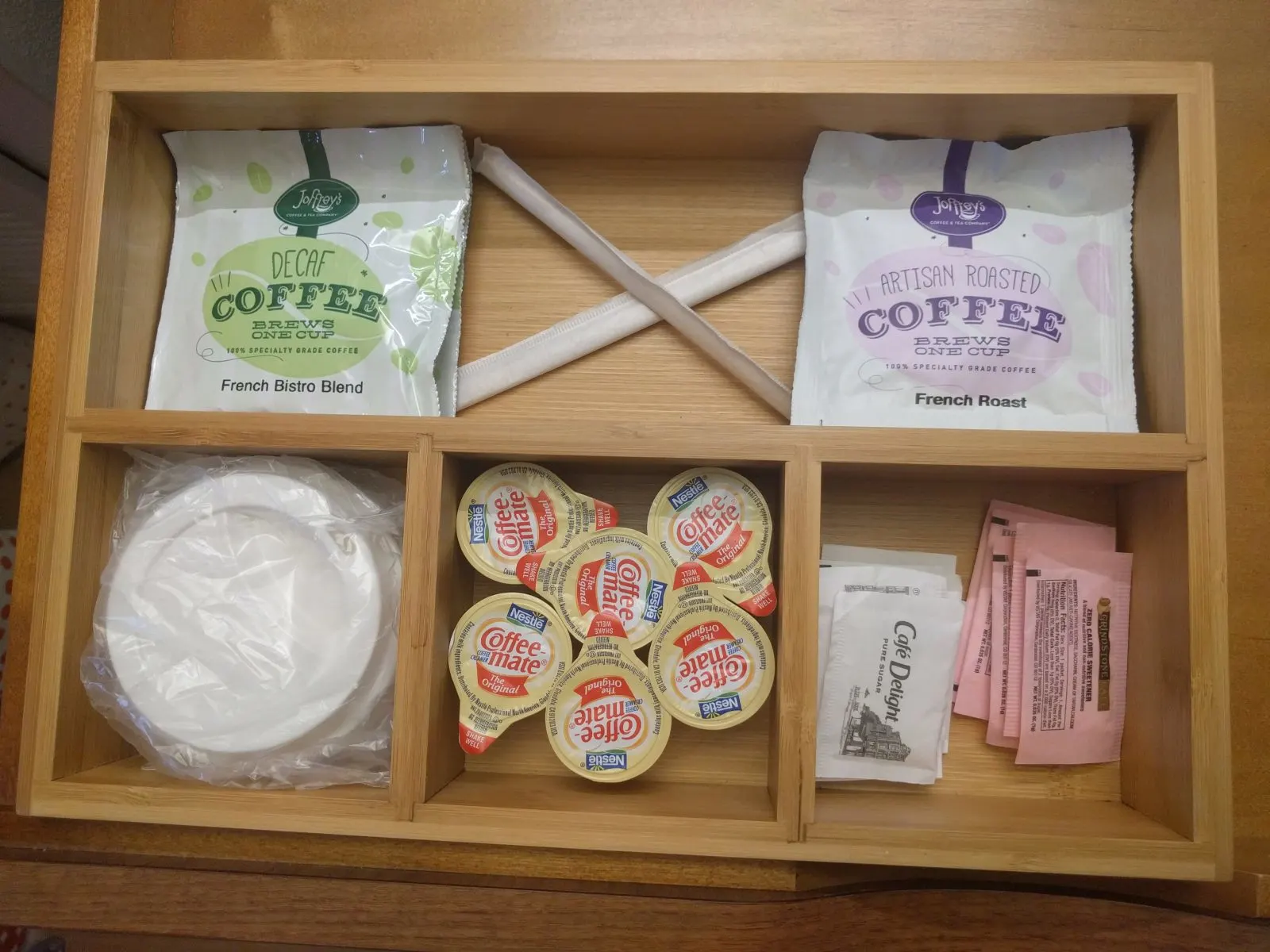 coffee, sugar, creamer options in the drawer