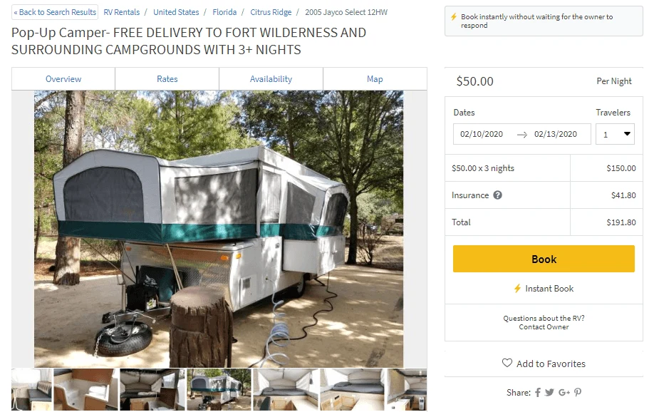 Screen shot of a website that will deliver RV Campers to Fort Wilderness Campsites, pricing included