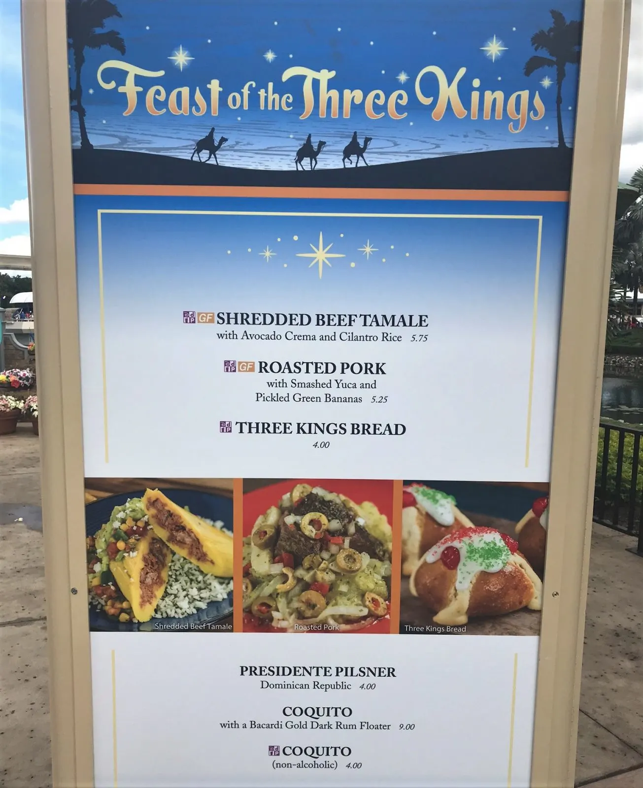 feast of the three kings sign with menu items