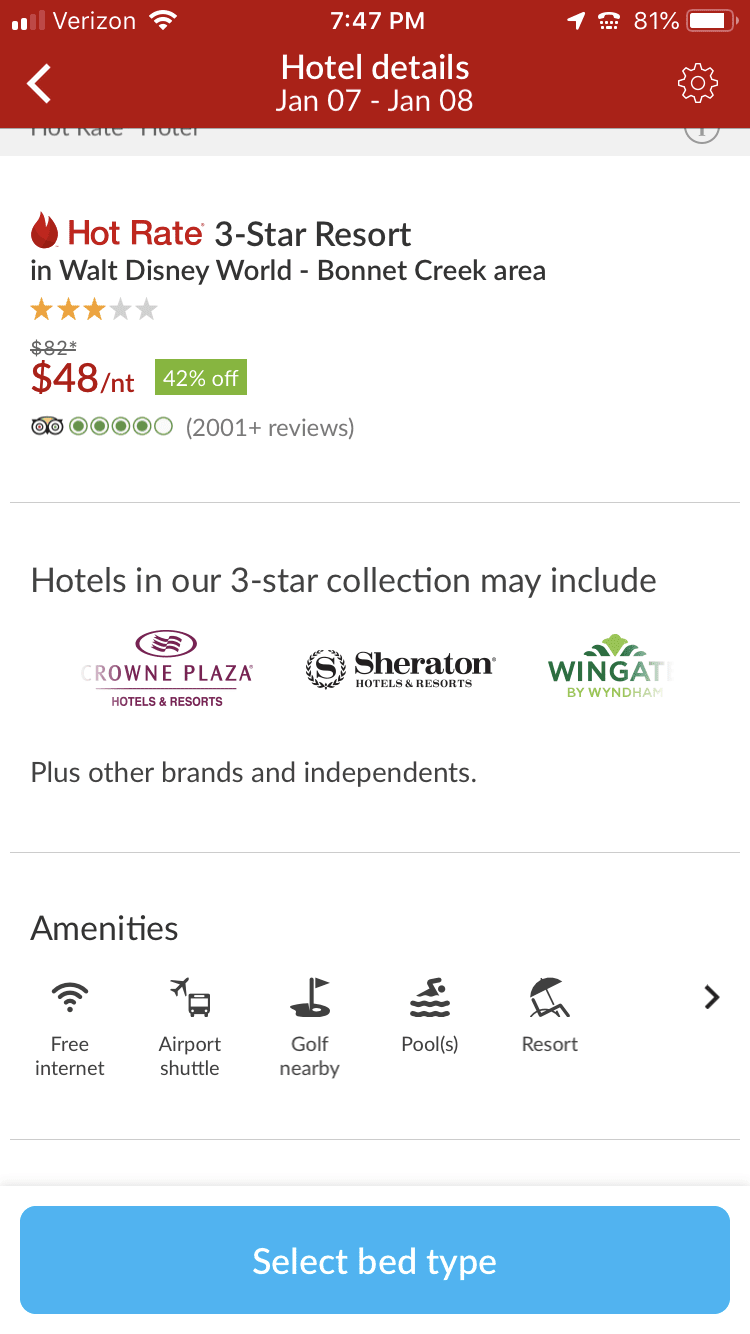 mobile screenshot of hotwire deal for disney resort