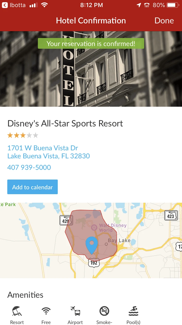 mobile screenshot of hotel confirmation on hotwire