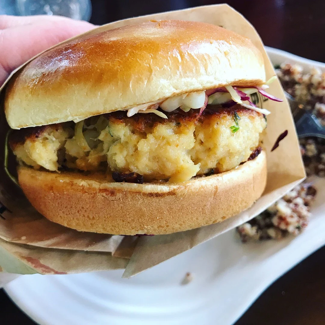 close up of lump crab cake sandwich from geyser point