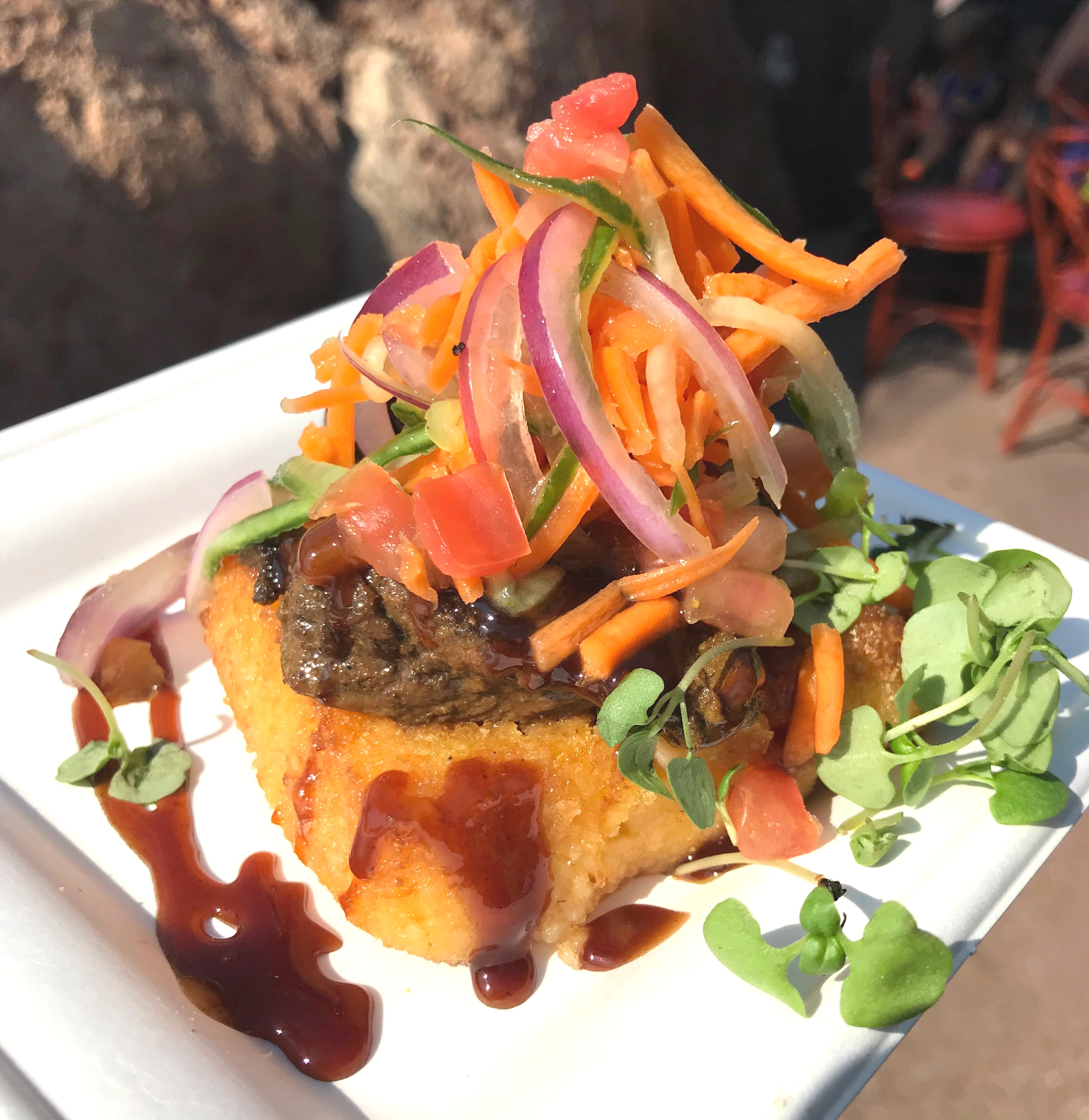 Kenyan Coffee Barbecue Beef Tenderloin with Sweet Potato and Corn Meal Pap and Kachumbari Slaw from epcot food and wine festival