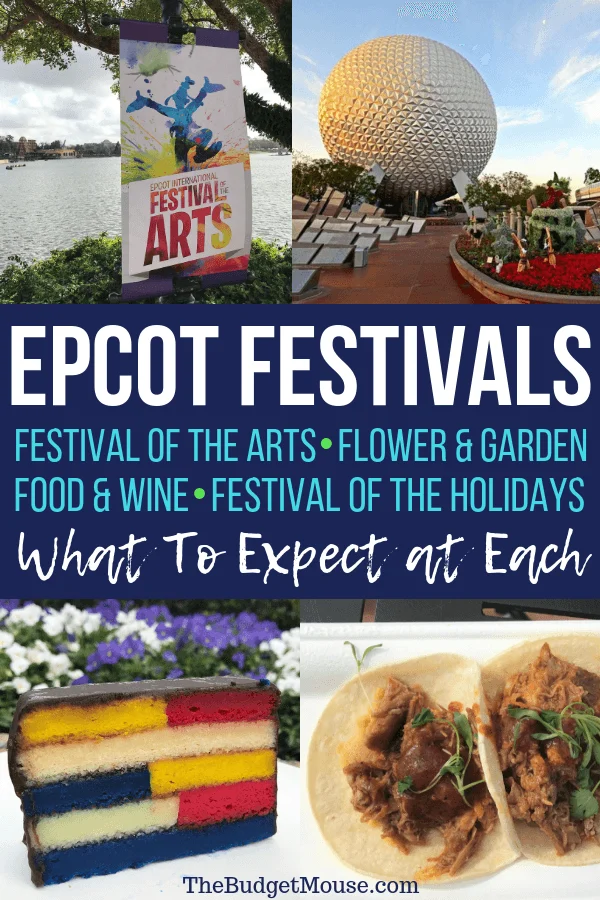 Epcot festivals: Festival of the Arts, Flower & Garden, Food & Wine,  Festival of the Holidays. What to expect at each pinterest image