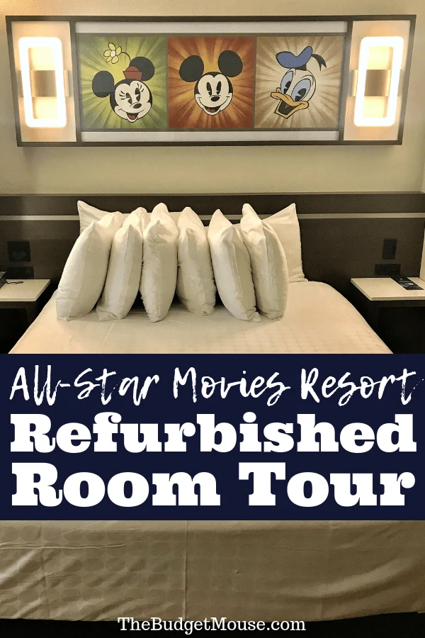 Photo and video tour of the new All Star Movies Resort Refurbished Rooms at Disney World!! Check out all of the thoughtful details in these new hotel rooms at the Disney Value resort. Get Disney World tips and tricks and planning advice for doing Disney World on a budget. #disneyworld #allstarmovies #disneyworldtipsandtricks #disneyworldonabudget #disneyvalueresorts
