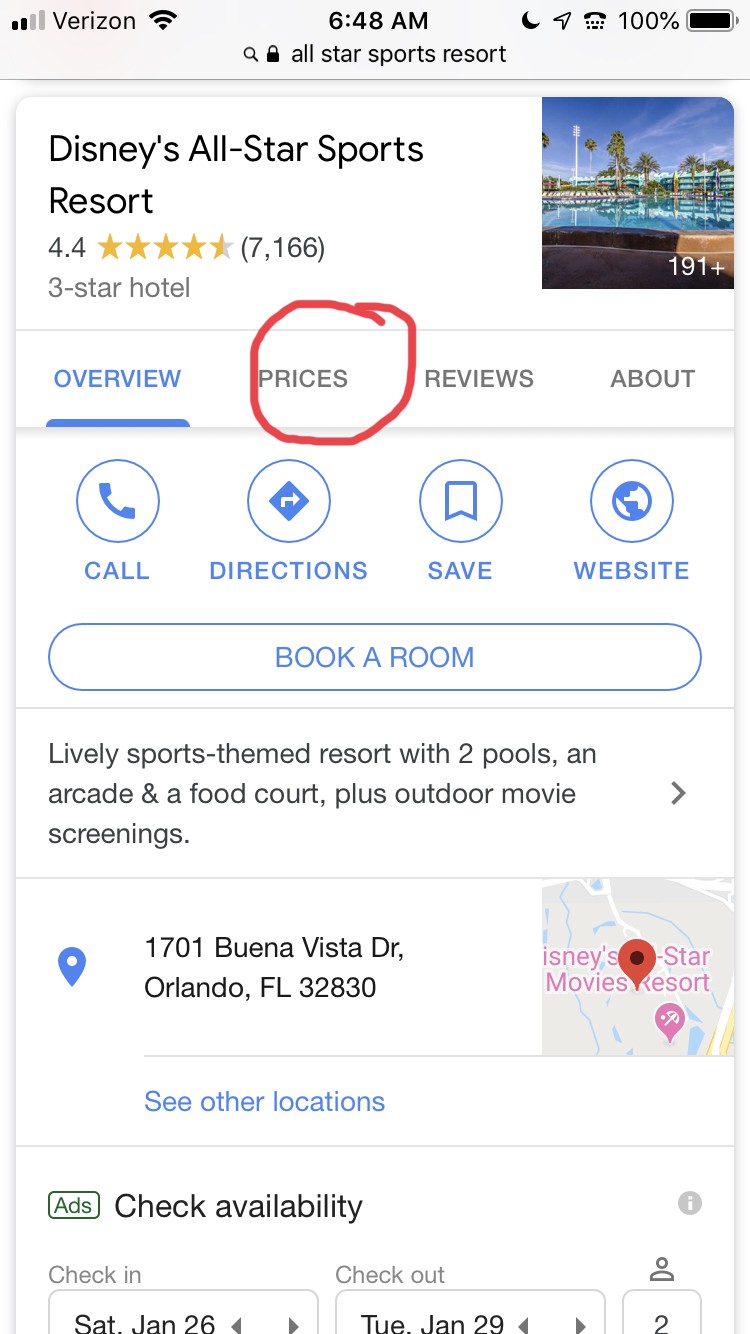 google search result for Disney hotel