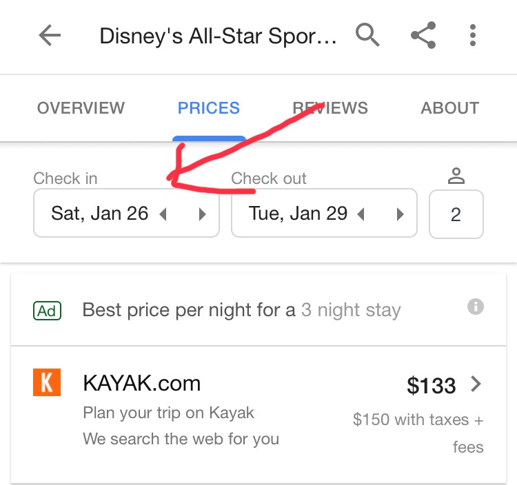 select dates on calendar for disney resort hotel search