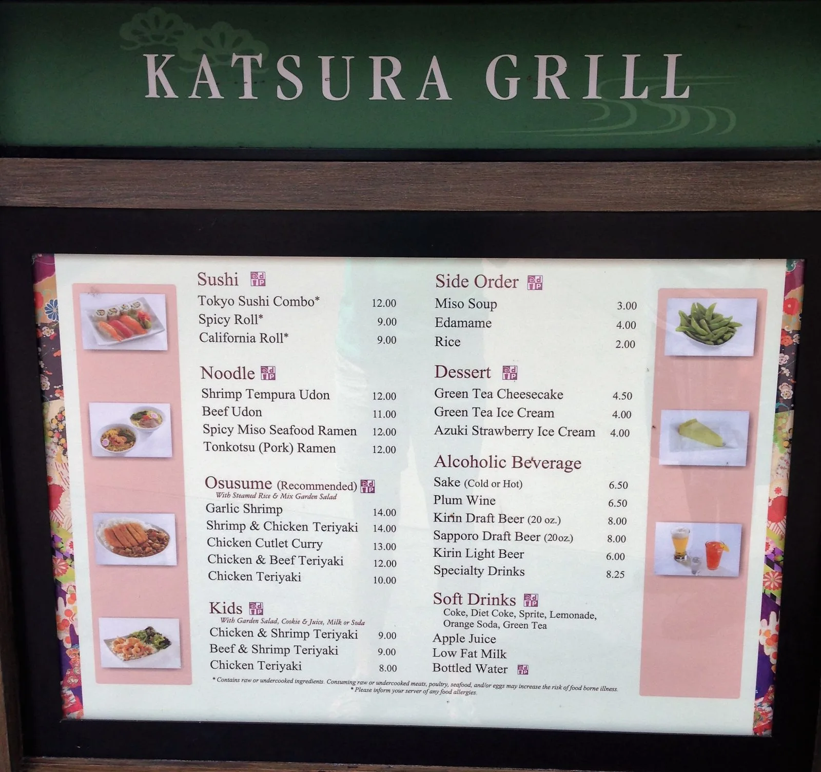 katsura grill menu sign with food photos and pricing