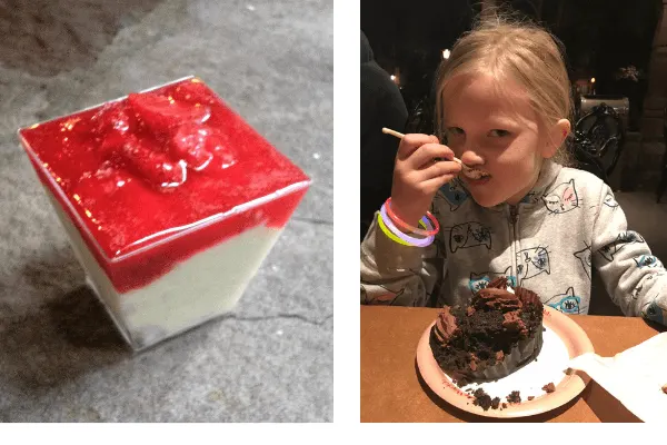 two photos - one of a a strawberry dessert the other photo is of a little girl eating a chocolate dessert