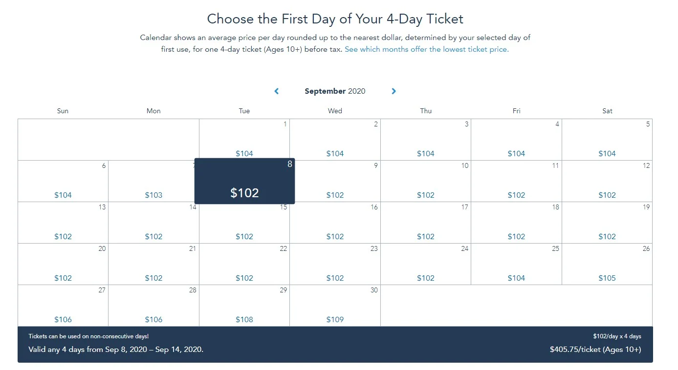 calendar with disney ticket pricing