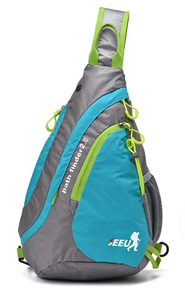 blue, gray, and green sling backpack 