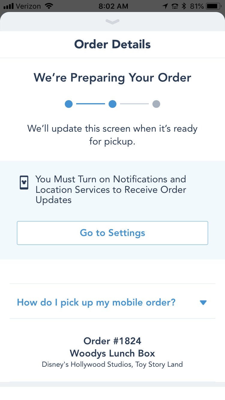 order details screen from mobile order