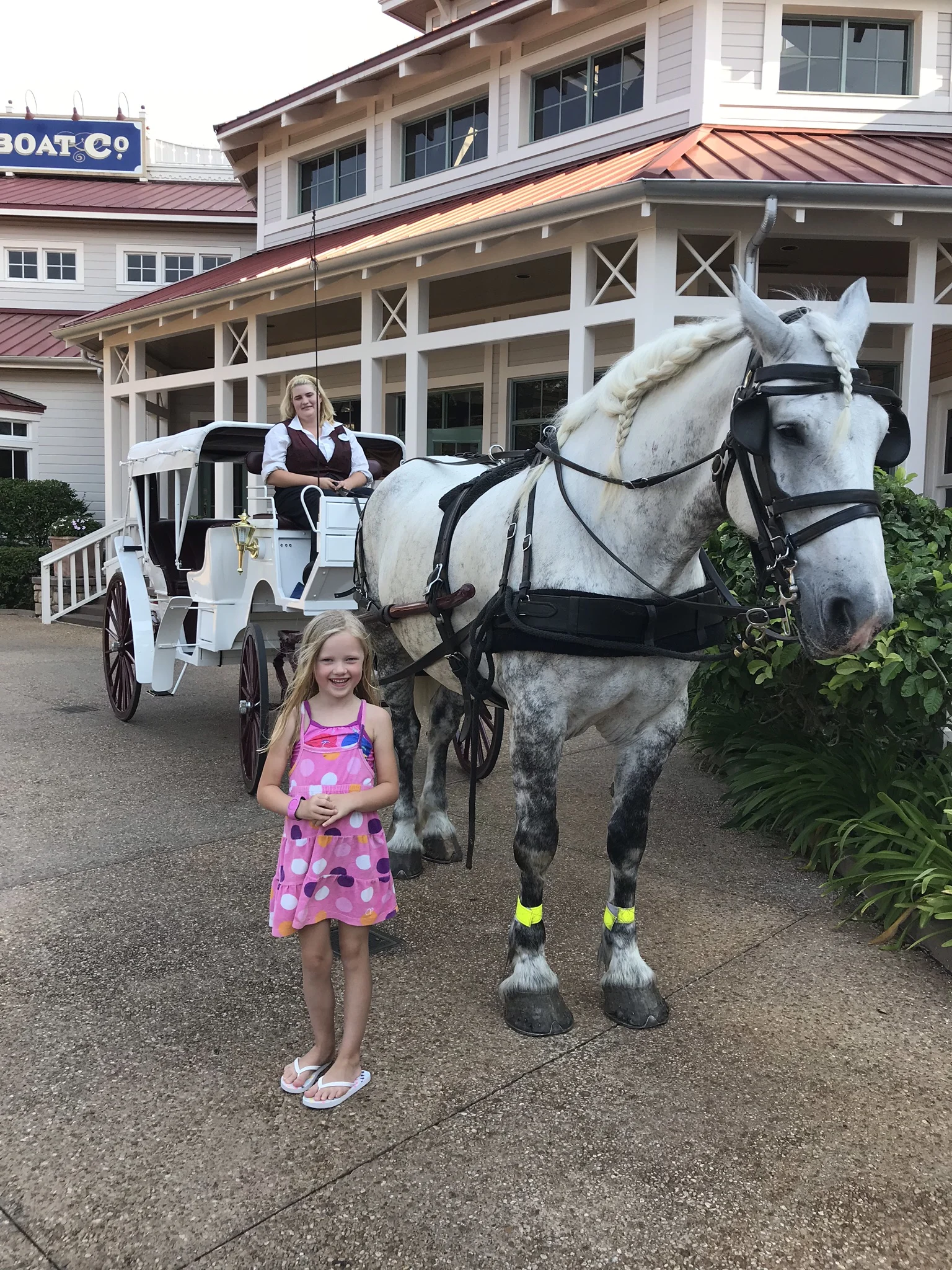 little girl standing in front of a horse and carriage