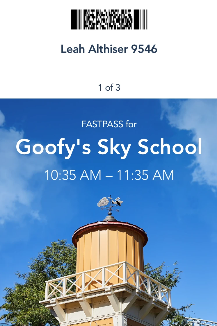 fast pass for Goofy's sky school showing time and barcode