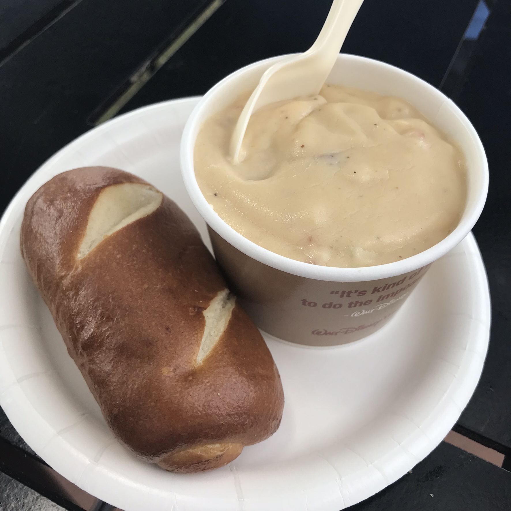 le cellier canadian cheese soup with pretzel roll