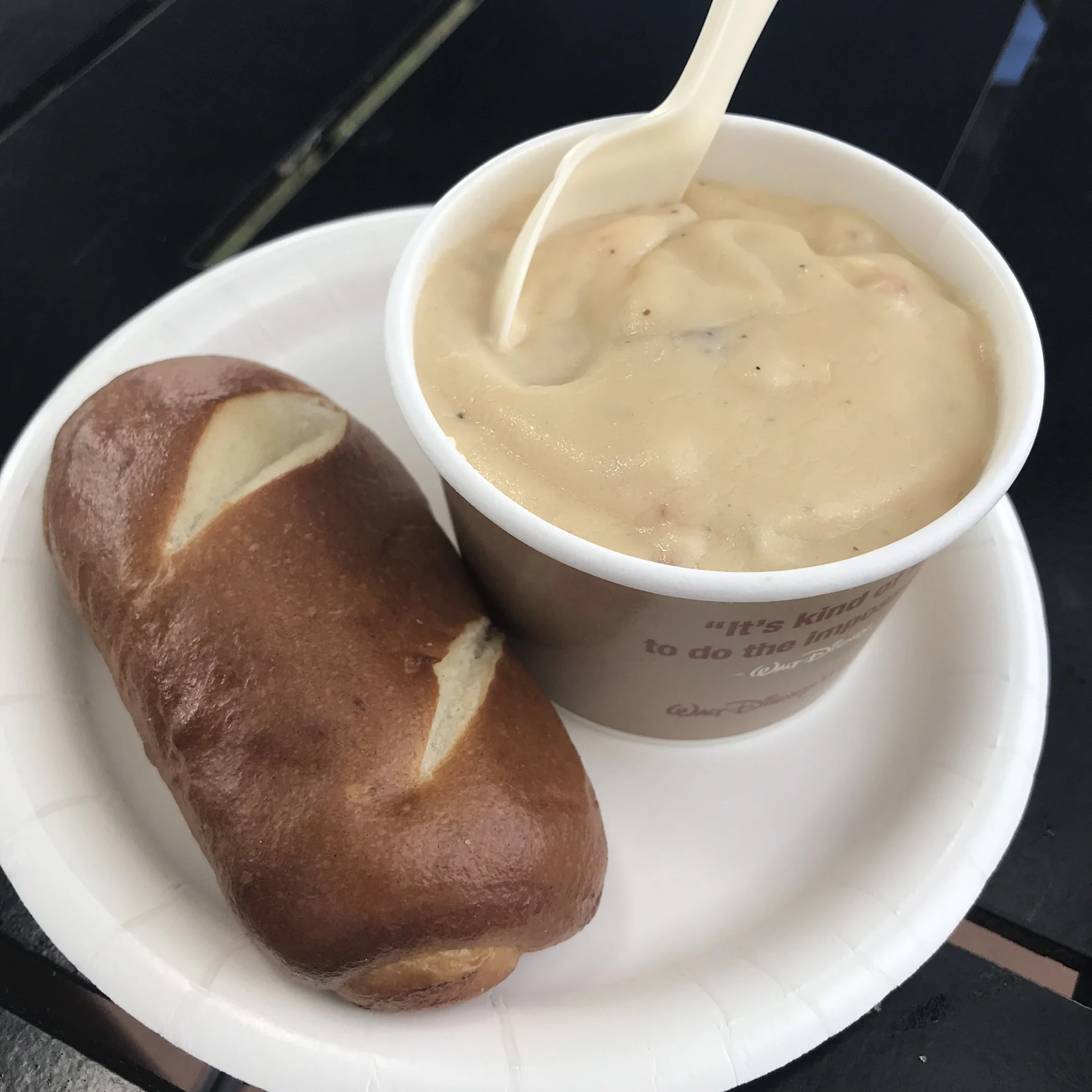 le cellier canadian cheese soup with pretzel roll
