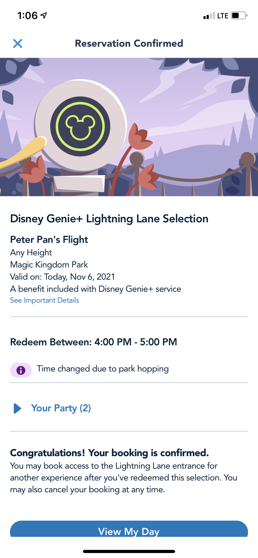 disney genie+ lightning lane confirmation screen