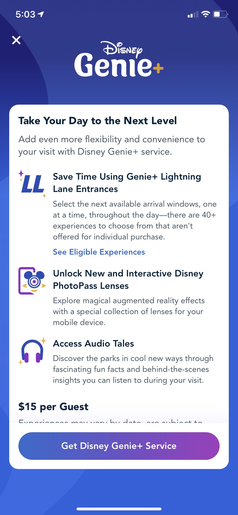 screenshot of buying genie plus in the my disney experience app