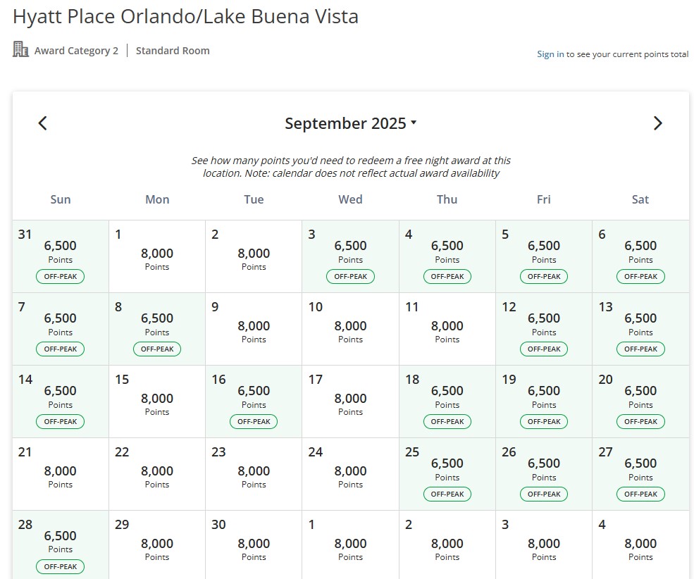 hyatt place points calendar
